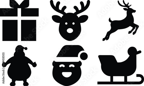 Vector art of group of six black christmas icons featuring a gift box, reindeer head, reindeer, santa claus, santas face, and sleigh