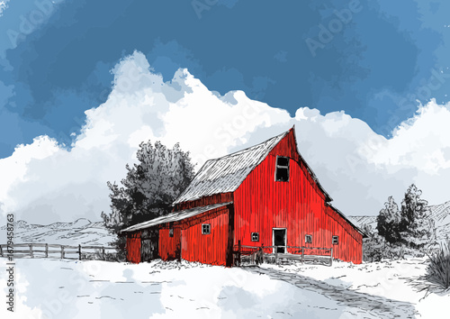 
Rustic red barn in a winter landscape, simple line art with a watercolor design, blue sky background, white and light gray colors, clipart on an isolated black background.