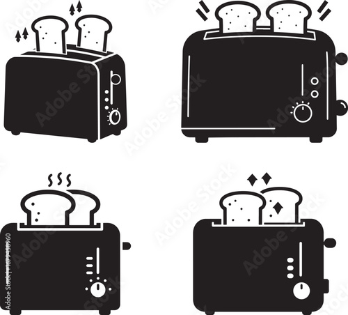 Collection of black toaster silhouettes with toast popping up isolated on white background