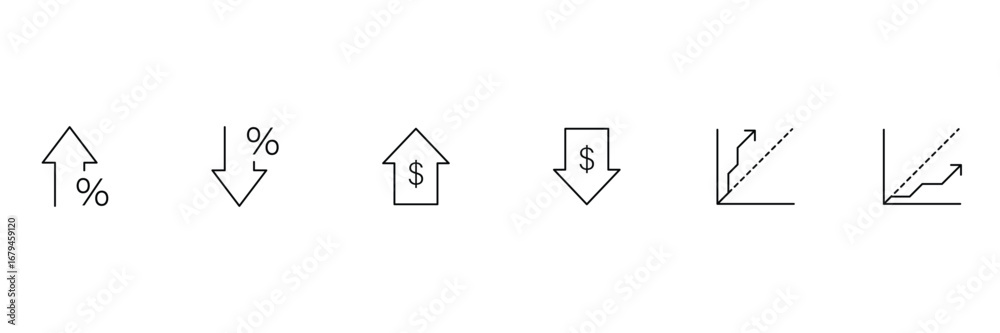 Obraz premium Money increase or decrease black icon set. dollar decrease increase symbol. Price, sale, rate or profit going up or down symbol with arrow and dollar sign. 