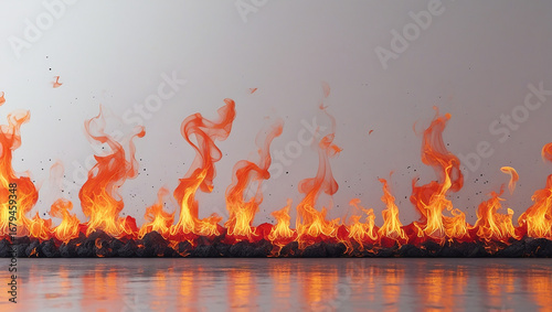 Vibrant orange flames dance above glowing embers on a reflective surface fire burning