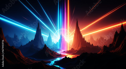 Epic mountain landscape with vibrant neon light beams at night mountains