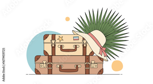 Vintage luggage stacked high with a stylish hat and tropical palm leaves creating a scene of classic travel adventure and leisure getaway