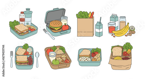 Collection of healthy lunches and snacks for school children and busy adults prepared in bento boxes and paper bags