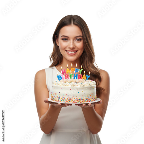 Beautiful birthday girl holding a cake  on Isolated transparent background png. generated with AI