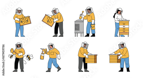Illustrations of beekeepers performing various tasks related to honey production and hive management