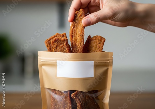 Hand taking jerky snack from kraft paper bag with blank label