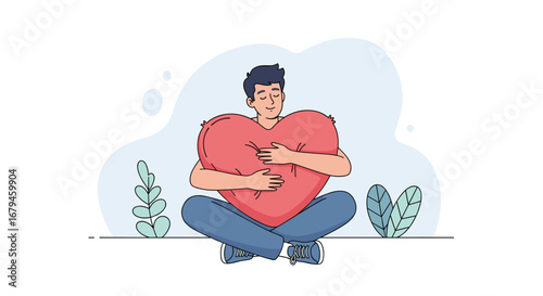Young man sitting cross legged hugging a large red heart with closed eyes feeling love and self care surrounded by plants