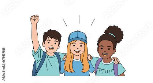 Three diverse happy kids friends celebrating together childhood unity success togetherness