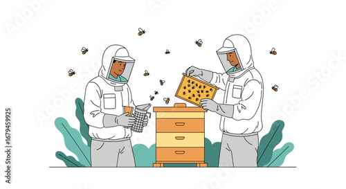 Two beekeepers wearing protective suits carefully inspecting a beehive and frames full of bees and honeycomb