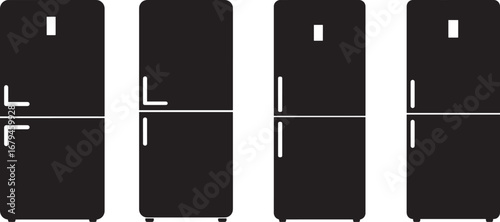 Four identical black refrigerator silhouettes isolated on white background silhouette