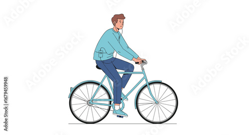 Man riding a bicycle on a white background with a blue shirt and jeans enjoying outdoor activity