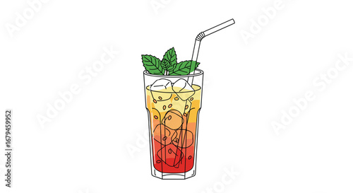 Refreshing tropical sunset cocktail with mint and straw perfect for a summer party or beach vacation