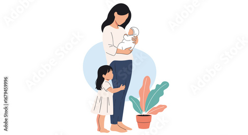A caring mother holds her newborn baby while her older daughter hugs her legs surrounded by plants and a gentle blue circle representing their happy family together