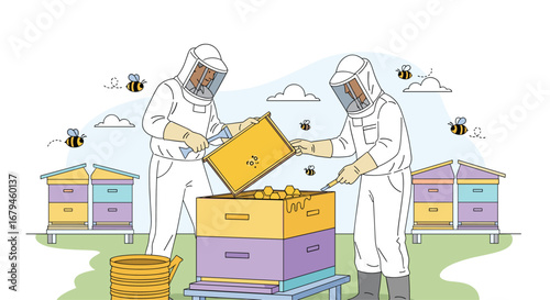 Beekeepers in protective suits tending to hives collecting honey with bees flying around the apiary in a sunny day
