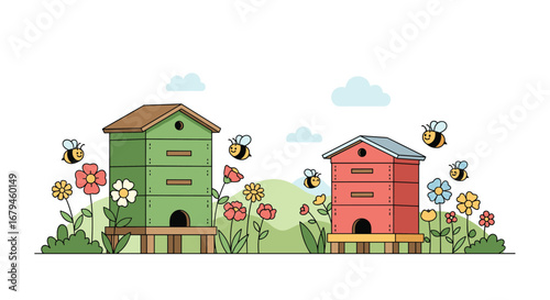 Two colorful beehives situated in a vibrant meadow teeming with buzzing bees and blooming flowers on a sunny spring day