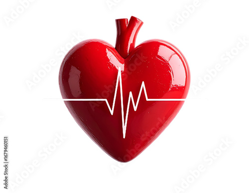 Glossy Realistic Red Heart with White Pulse Line Medical Illustration