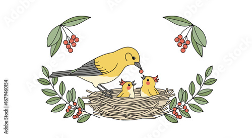 A yellow bird feeds its chicks in a nest surrounded by branches with red berries