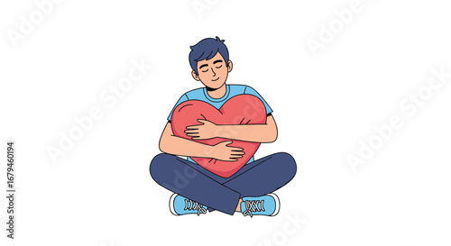 A person holding a red heart shape while sitting cross legged with eyes closed feeling love and affection