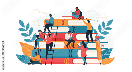 A diverse group of people engaged in reading and learning atop a stack of colorful books surrounded by lush greenery and vibrant autumn leaves symbolizing knowledge growth and education