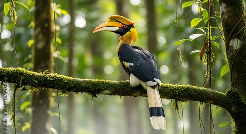 Great Hornbill perched on a branch in a tropical forest, showcasing its vibrant colors and unique beak.