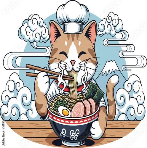 vector, illustration, Japanese cat eating ramen with Japanese theme