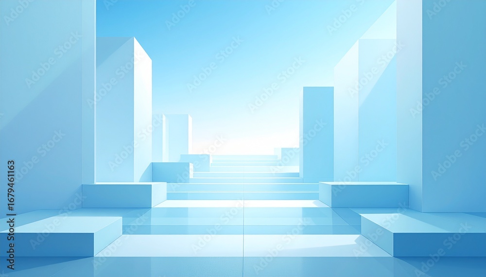 Fototapeta premium Celestial Pathway: Minimalist Blue Architecture with a Luminous Staircase