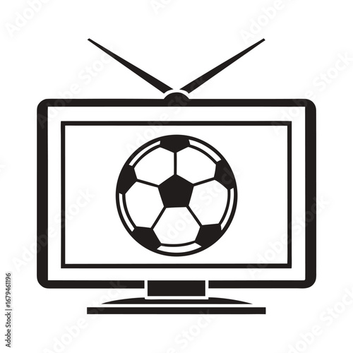 Black and white icon of a television screen displaying a soccer ball vector