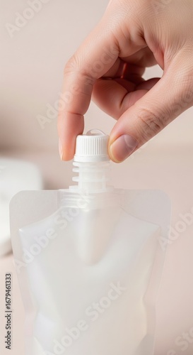 Hand opening a white plastic spout pouch with a screw cap.