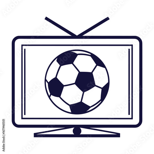 Dark blue soccer ball displayed on a television screen with antenna football