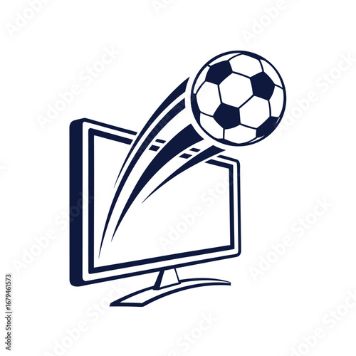 Dark blue soccer ball emerging from computer screen with motion lines football