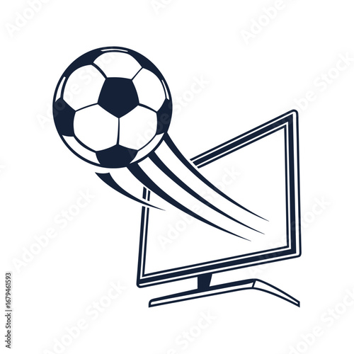 Dark blue soccer ball flying out of a computer screen with motion lines football monitor