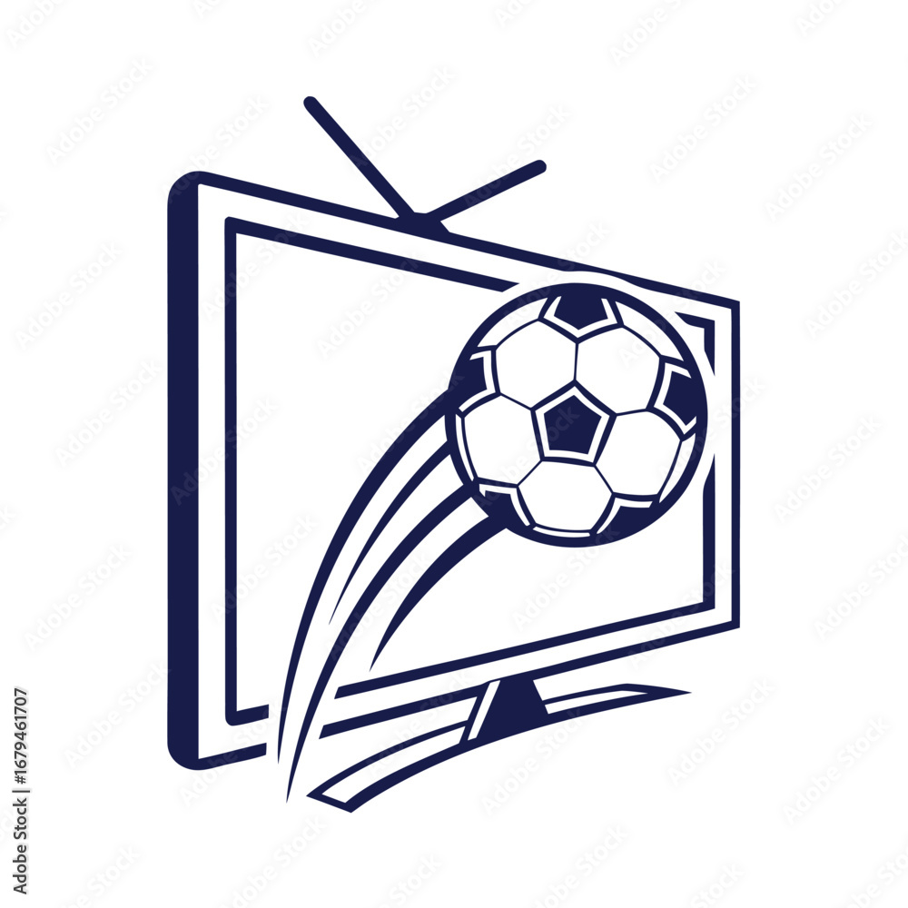 Obraz premium Dark blue soccer ball flying out of television screen with motion lines football