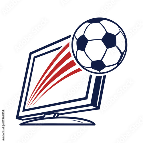 Soccer ball flying out of computer screen with red and blue lines football