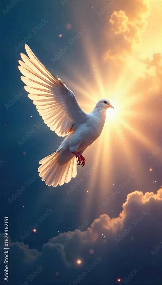 Obraz premium A lone dove descends, wings outstretched, towards a glowing ethereal light, symbolizing spiritual hope and redemption A powerful image of peace and divine intervention , sky, tranquil, heaven