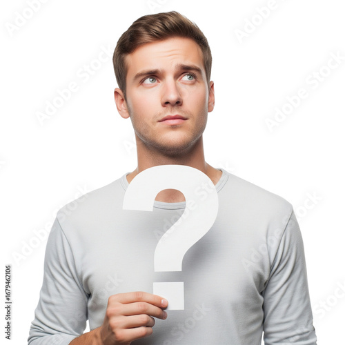 Man holding question mark sign on Isolated transparent background png. generated with AI