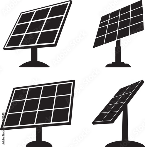 Four black solar panel silhouettes on a white background isolated on white background