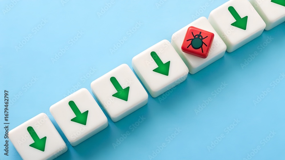 Obraz premium Bug Disruption – System Error and Process Interruption Symbolism, Technology, Conceptual, Strategy, Abstract, Arrow Tile Line and Red Alert Scene