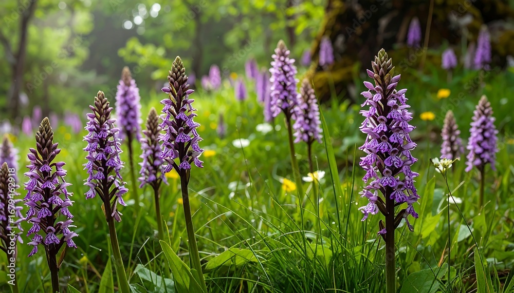Obraz premium Clusters of vibrant purple orchids stand tall in a meadow of green grass, bathed in soft natural light.
