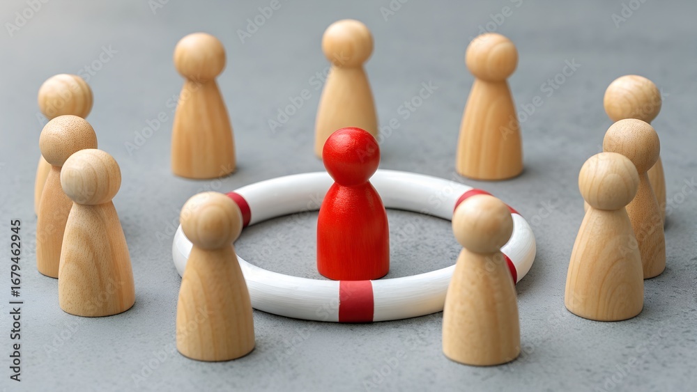 Obraz premium Safety Focus – Protection and Support Symbolism, Community, Conceptual, Emotion, Abstract, Lifebuoy Ring and Peg Figure Circle Scene