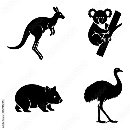 Silhouette illustration showcasing kangaroo koala wombat and emu in a simple black and white design style