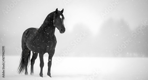 A majestic black horse stands alone in a snowy field during a winter storm.