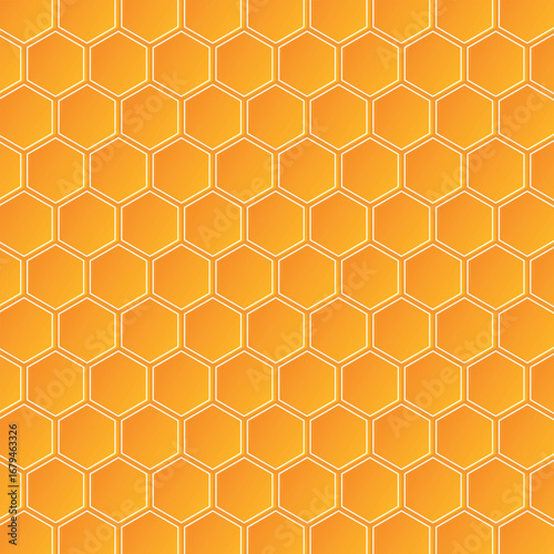 Geometric honeycomb background. Orange gradient. Seamless hexagon pattern. White outline