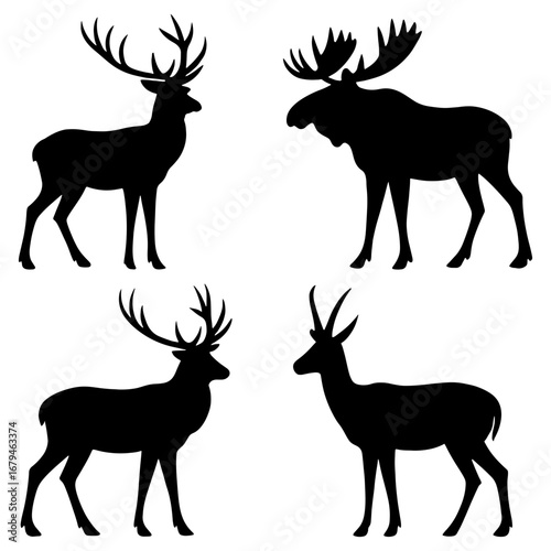 Silhouette depiction of four distinct deer species including moose and deer with antlers shown