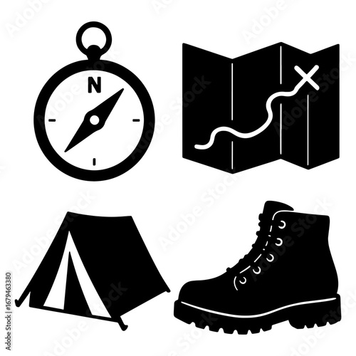 Black and white camping icons featuring a compass map tent and hiking boot in a simple graphic style