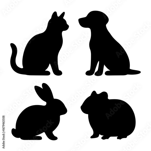 Black silhouette of a cat, dog, rabbit, and guinea pig arranged in a square formation on white background
