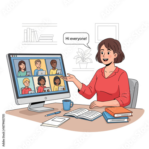 A woman smiles and greets participants during a virtual video conference call.