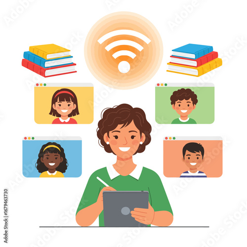 Teacher conducts online class, interacting with diverse students via video conference, using digital tablet and wifi.