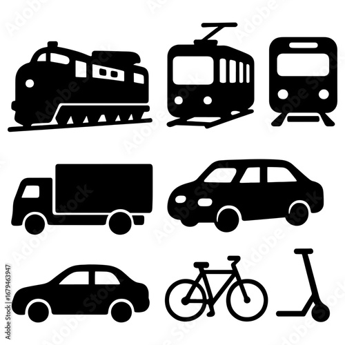 A collection of transportation vehicles including trains cars trucks bicycle and a scooter in black silhouette