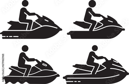 Four jet ski rider silhouettes in action isolated on white background
